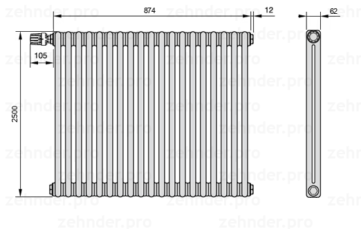 Схема (чертеж) Радиатор Zehnder Charleston 2250/19 №V011 Белый глянцевый RAL 9016